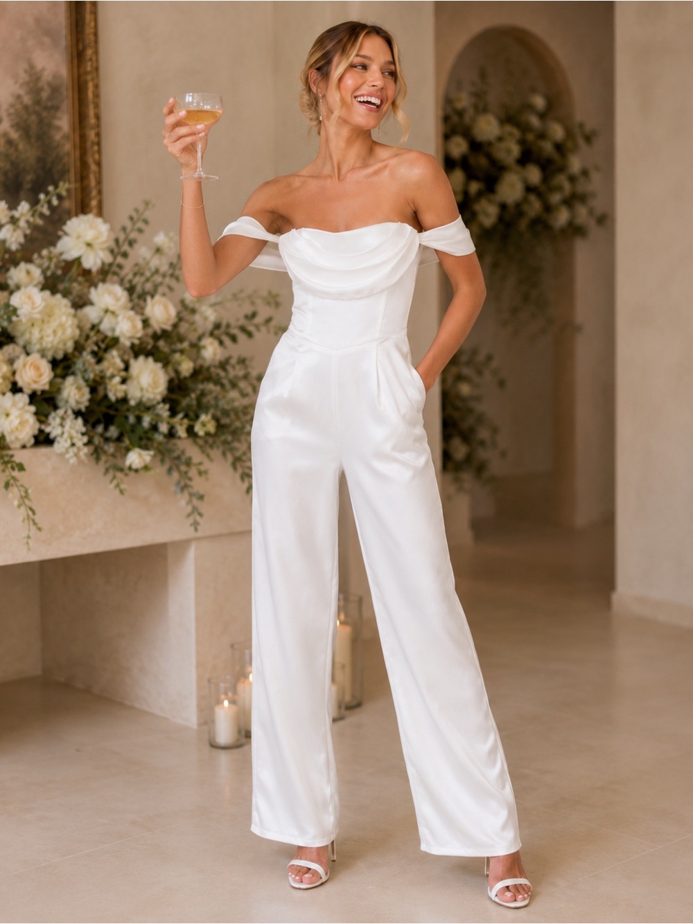 NEW Lulus Unbelievable Aura White Satin Off-the-Shoulder Jumpsuit Sz MEDIUM